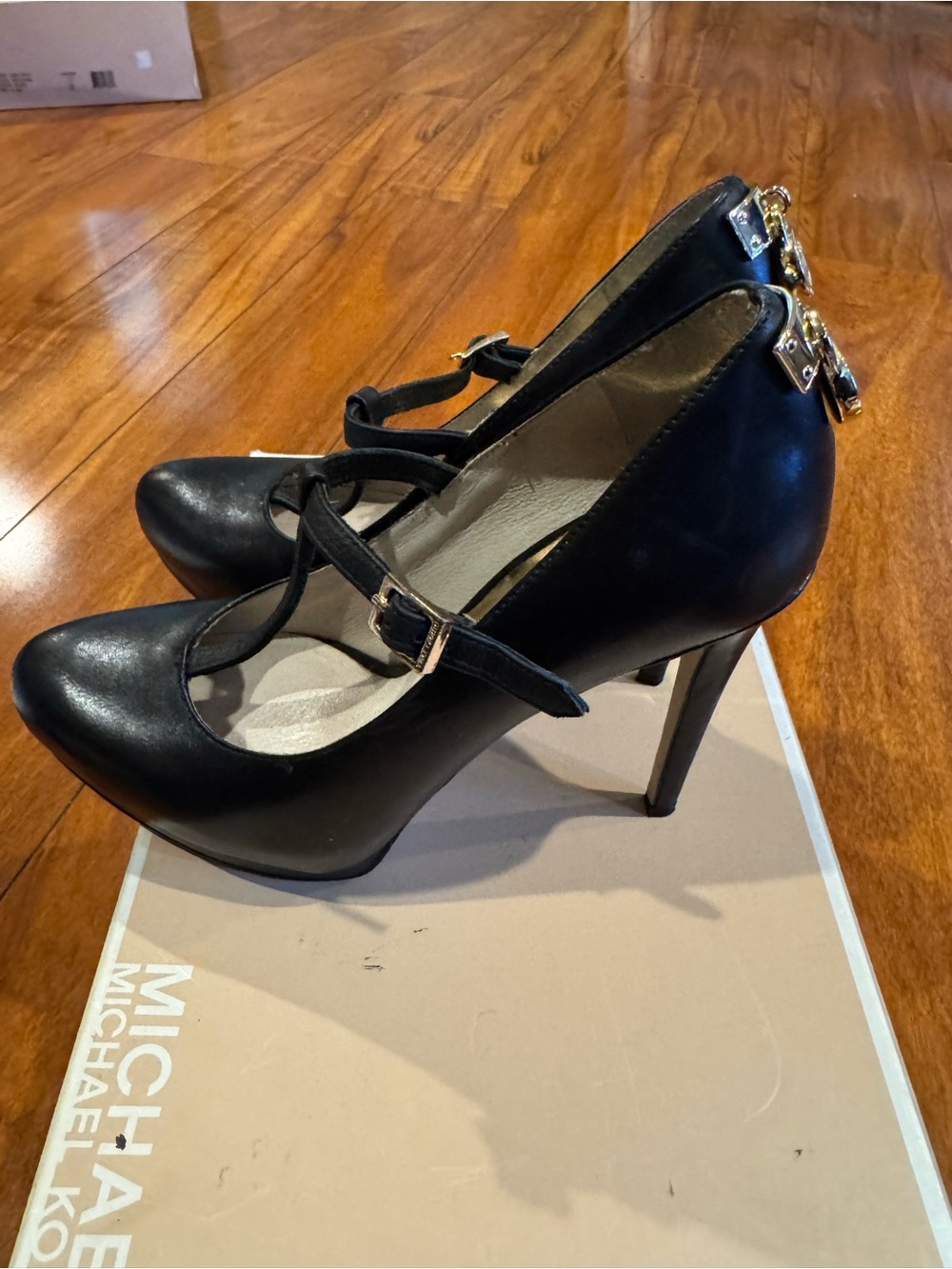 Michael Kors Black Leather Mary Jane Pump with Gold Buckle Detail
